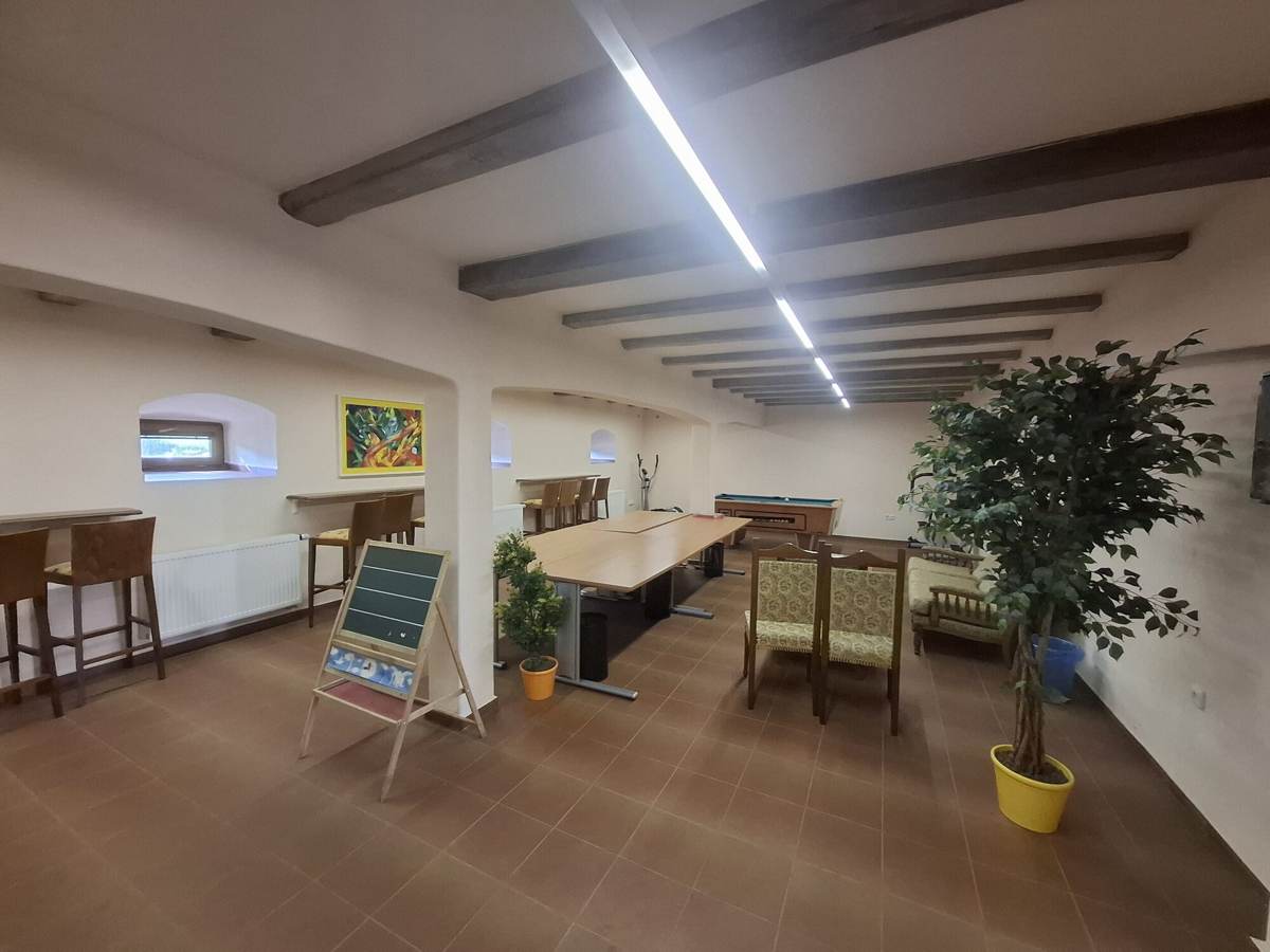 Common room with wooden beams, a long table and a pool table